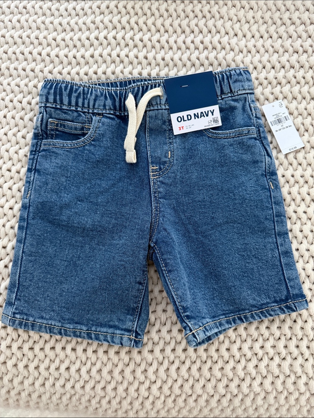 Old Navy Boys Denim-Style Drawstring Shorts in Blue with Cream Tie